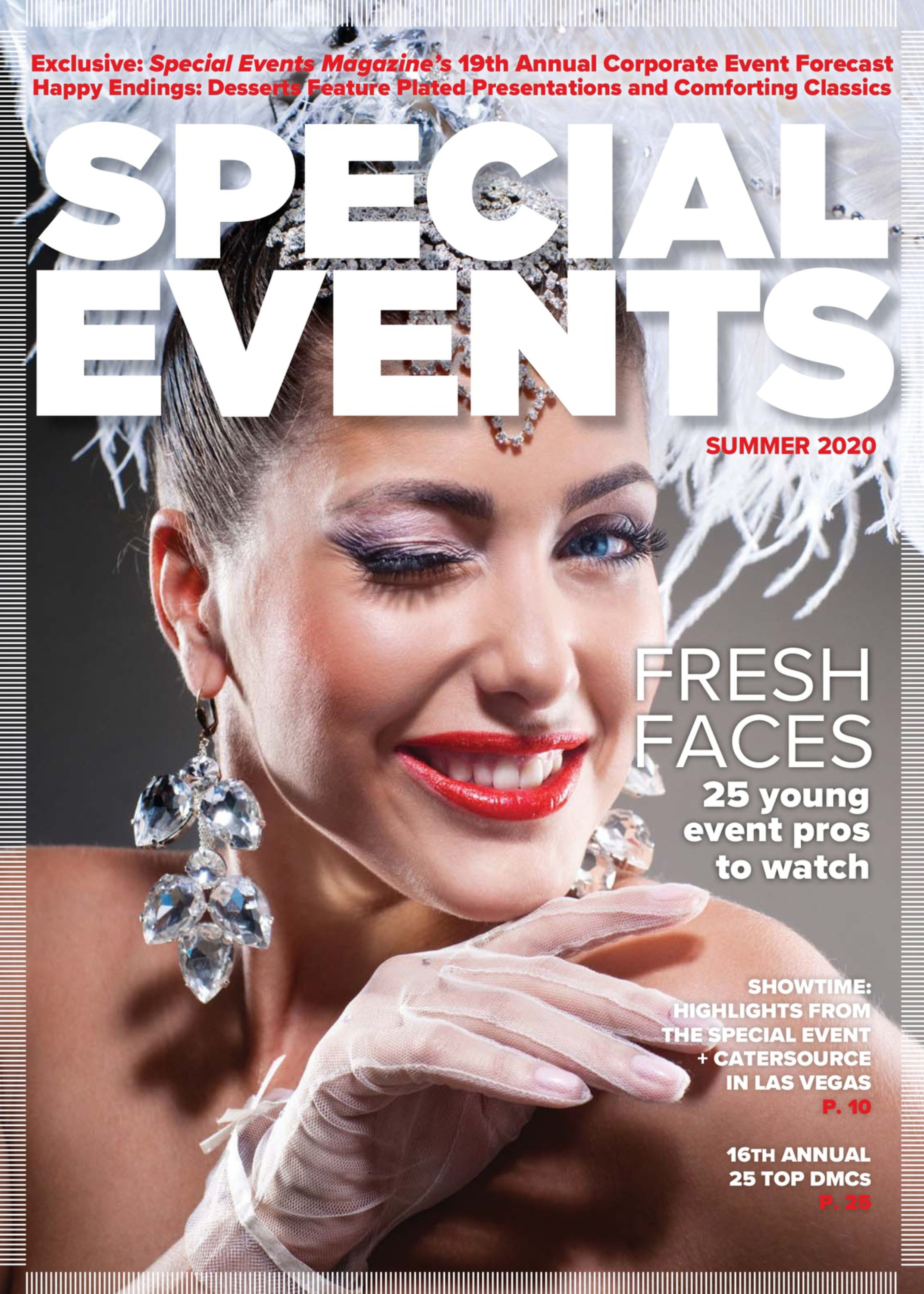 Special Events Magazine Summer 2020 cover featuring a performer with gloves and feathers in her hair winking