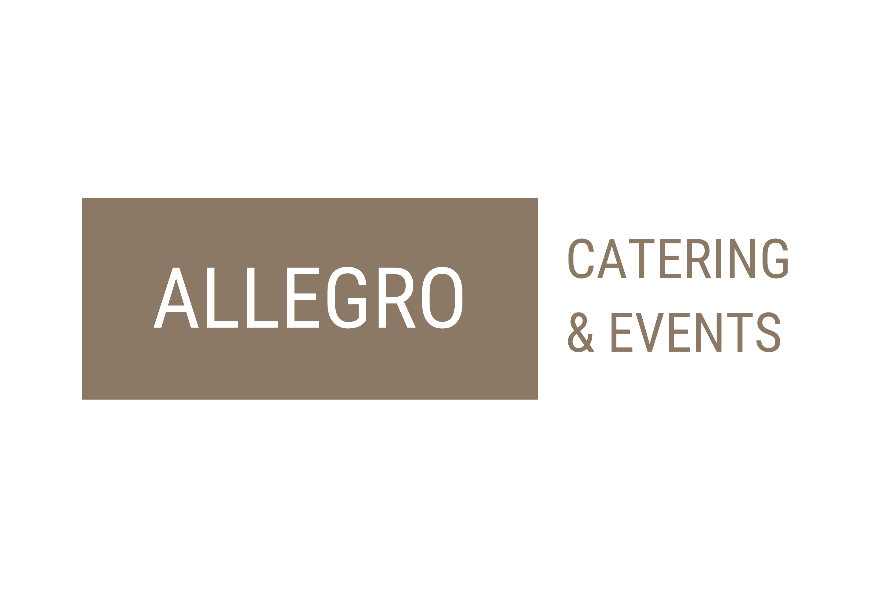 White text reads "Allegro" on light brown rectangular background, alongside light brown text that reads "Catering & Events" on white background