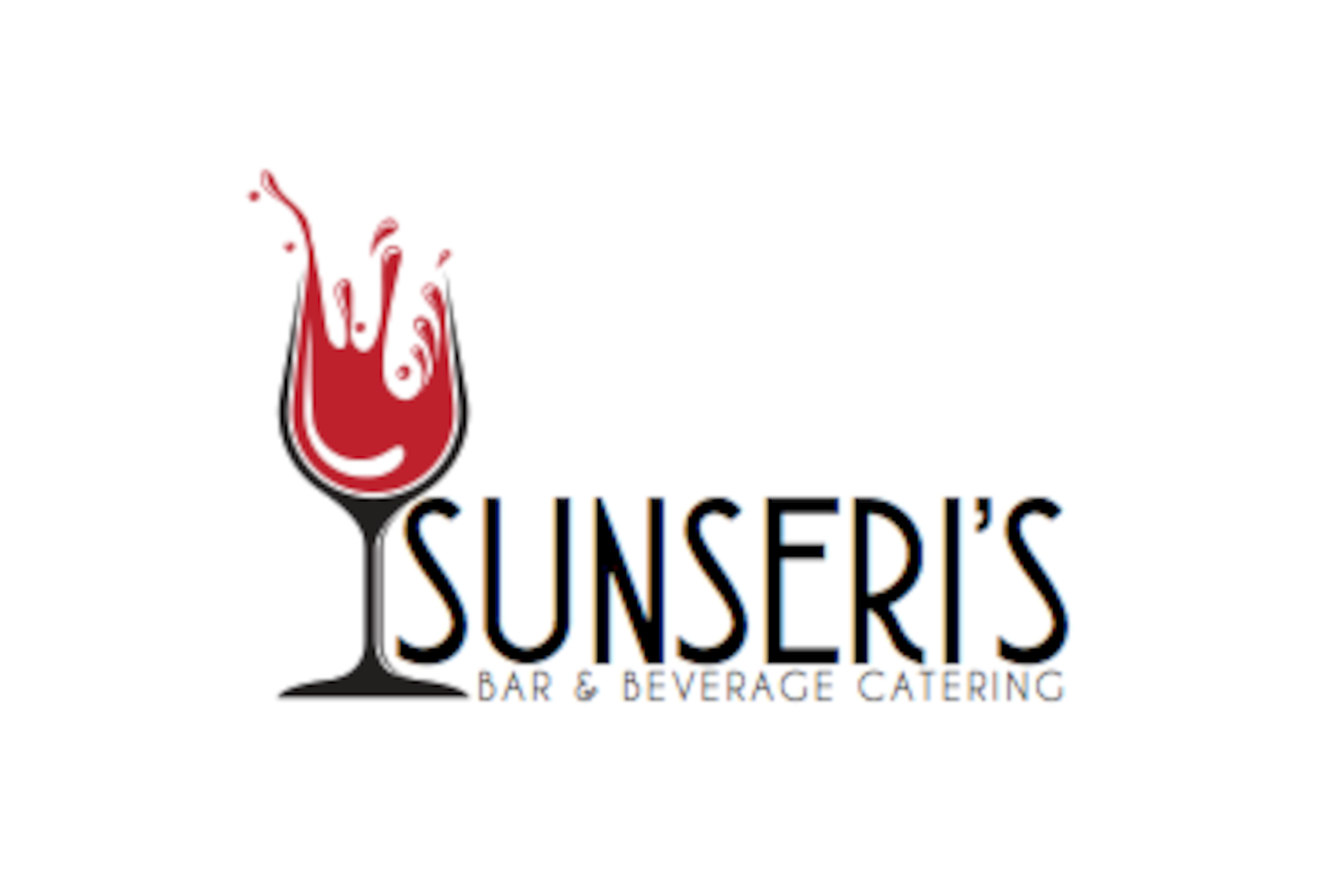 Sunseri's Bar & Beverage Catering Logo - Logo reads "Sunseri'" in large text above "Bar & Beverage Catering" in smaller text to the right of a large illustrated wine glass with red liquid splashing out of the top