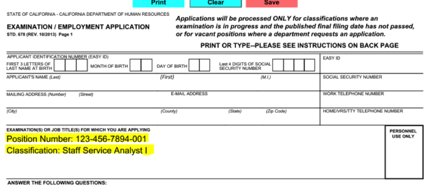 An example of a state employment form, with the position number and classification highlighted