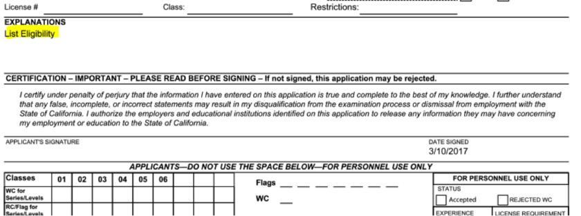 State employment form example with list eligibility highlighted