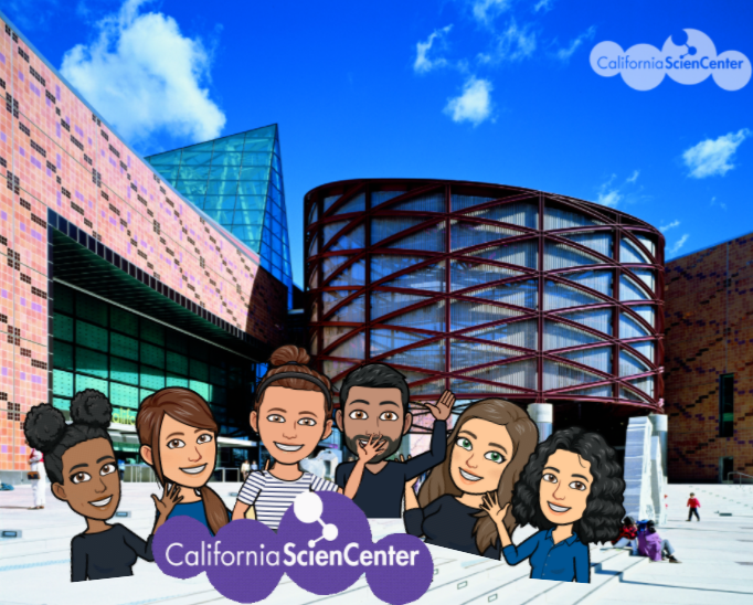 Illustrated characters waving in front of California Science Center exterior