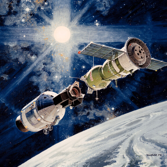 artist's concept illustrating an Apollo spacecraft (left) about to dock with a Soyuz spacecraft