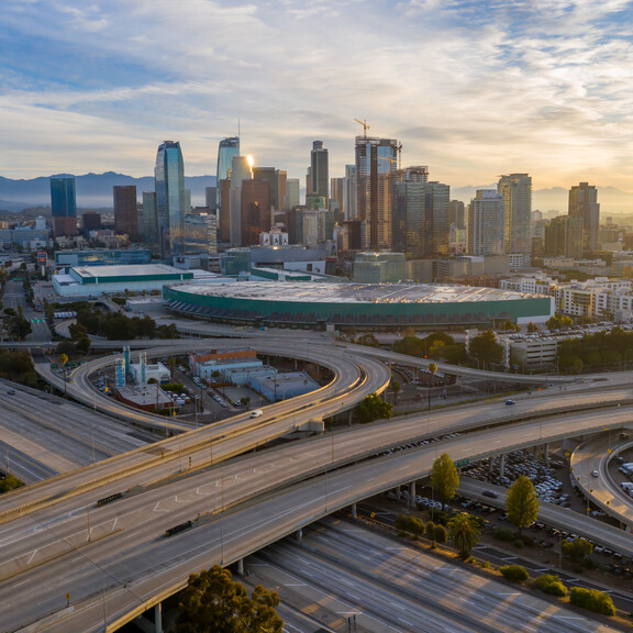 Aerial view of empty freeway streets in downtown Los Angeles after the COVID-19 stay-at-home order went into effect in March 2020