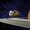 Artist's rendering of the Cassini space probe over Saturn's rings