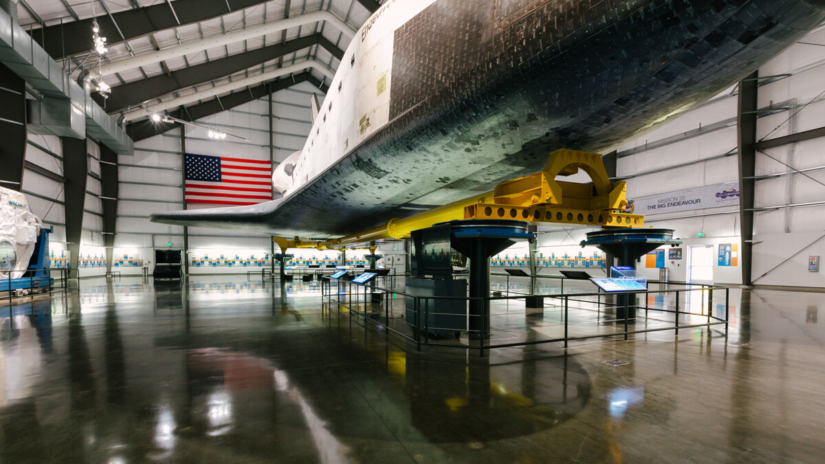 Interior View of Samuel Oschin space shuttle Endeavour Pavilion from South East corner.