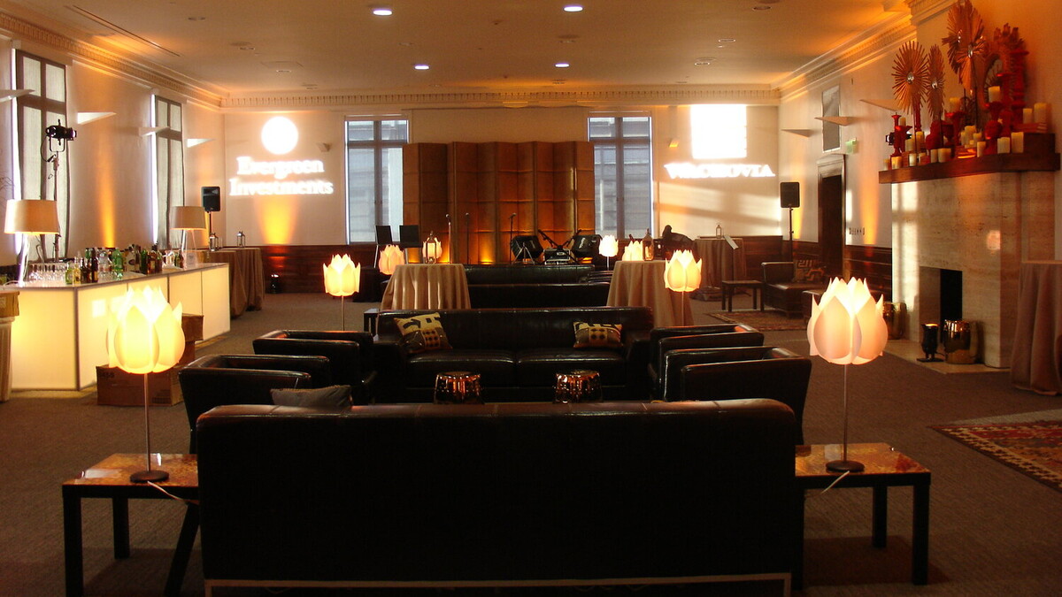 MUSES Room set with glowing bar and black lounge furniture settings