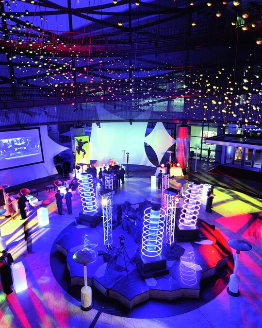 Lorsch Family Pavilion lit in bright neon for Marvel superhero dance party