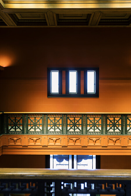 Wallis Annenberg Building upstairs lobby in burnt orange
